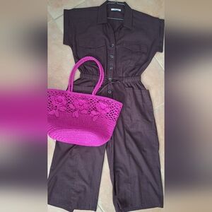 Hint Of Blush Dark Brown Cropped Legs Jumpsuit 100%cotton Size M/L